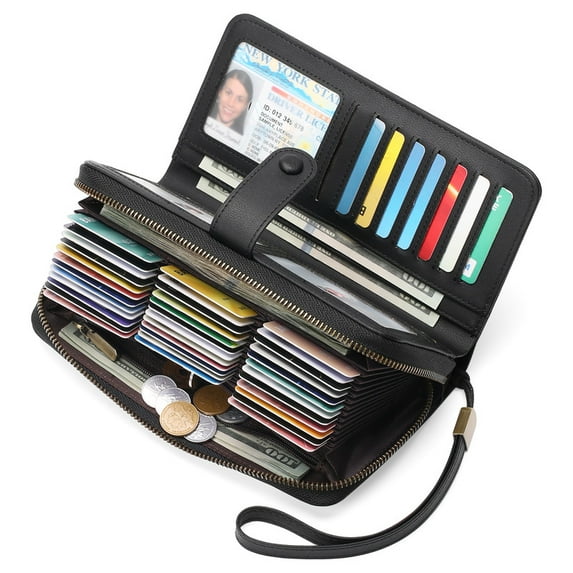 GAEKEAO Leather Credit Card Holder Wallet for Women RFID Blocking Large Capacity Bifold Zipper Card Case Organizer with Wristlet 45 Slots