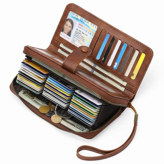 GAEKEAO Leather Credit Card Holder Wallet for Women RFID Blocking Large Capacity Bifold Zipper Card Case Organizer with Wristlet 45 Slots
