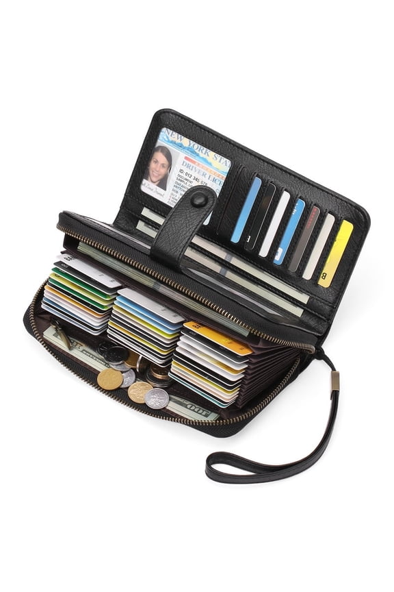 Women’s Bifold Wallet Rfid Blocking Leather Organizer with Wristlet 45 Card Slots