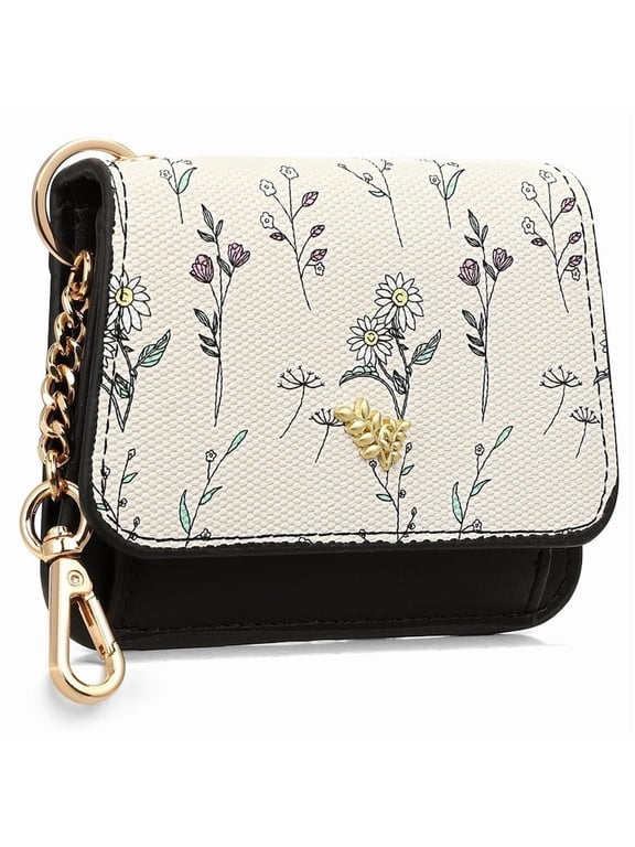 Small Wallet for Women RFID Blocking Slim Keychian Wallet Floral Vegan Leather Card Holder with Zip Pocket ID Window