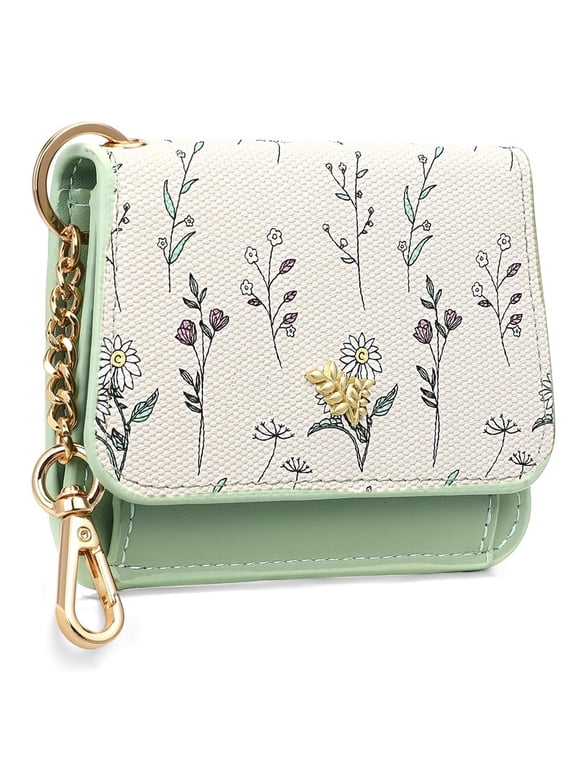 Small Wallet for Women RFID Blocking Slim Keychian Wallet Floral Vegan Leather Card Holder with Zip Pocket ID Window