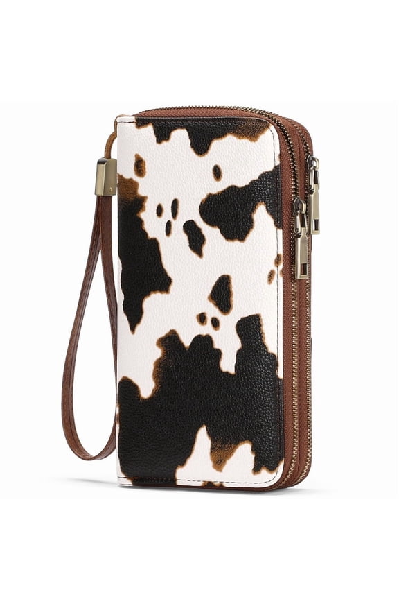 Wallet for Women Cow Print Brown RFID Blocking Leather Wristlet Purse Large Capacity Credit Card Holder with Grip Hand Strap