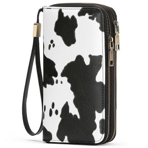 GAEKEAO Wallet for Women Cow Print White RFID Blocking Leather Wristlet Purse Large Capacity Credit Card Holder with Grip Hand Strap