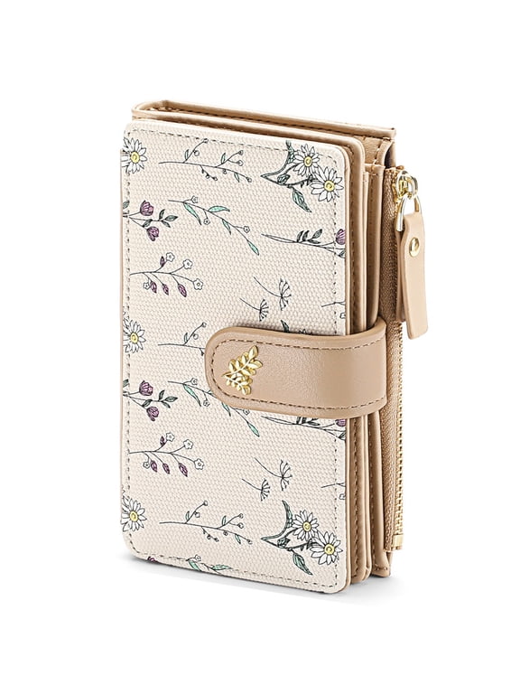 Wallets for Women RFID Blocking Medium Bifold Ladies Wallet Leather Floral Card Holder Purse with Zipper Coin Pocket