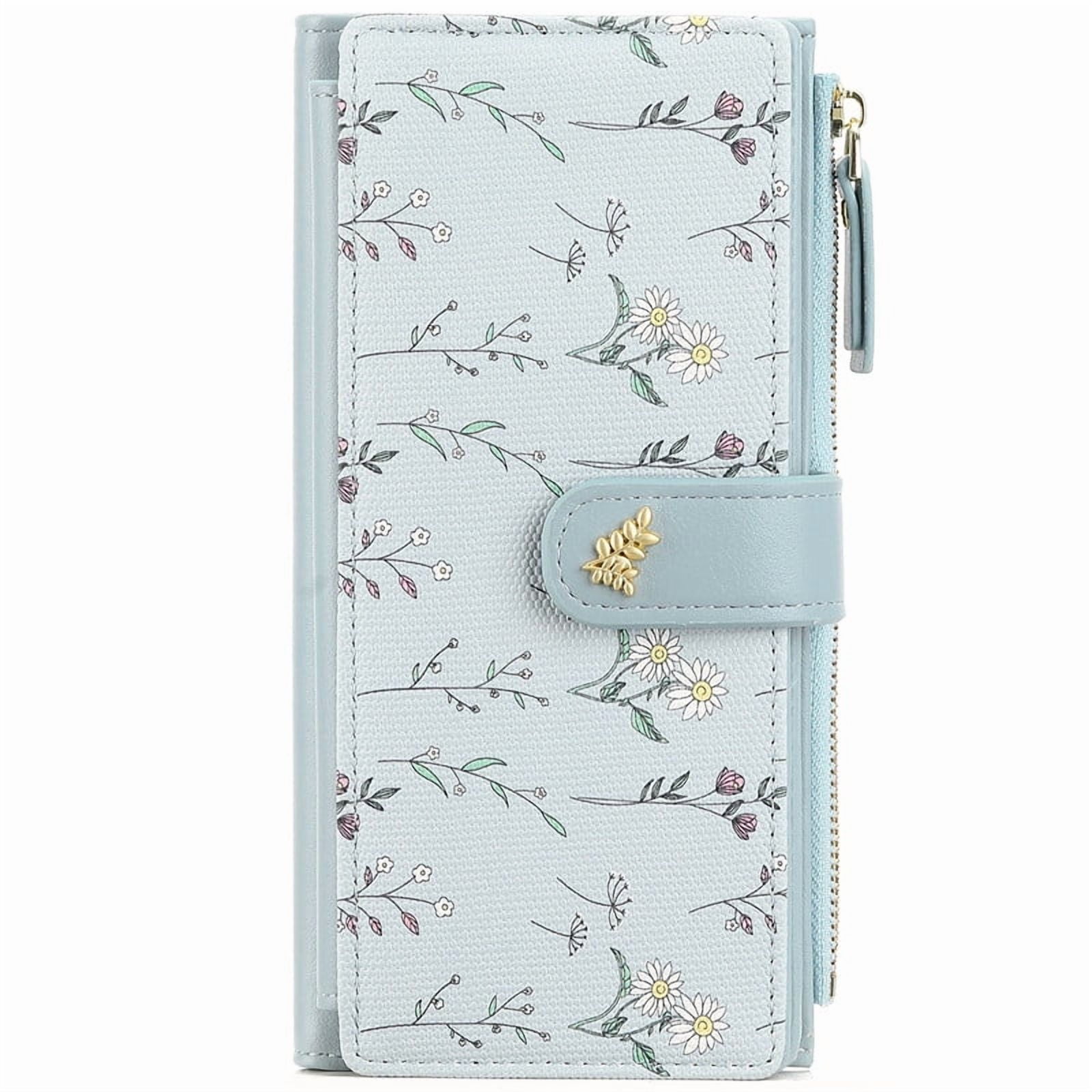Cartera trifold para mujer con bloqueo RFID, de gran capacidad, de cuero con diseño floral, tarjetero multi tarjetas