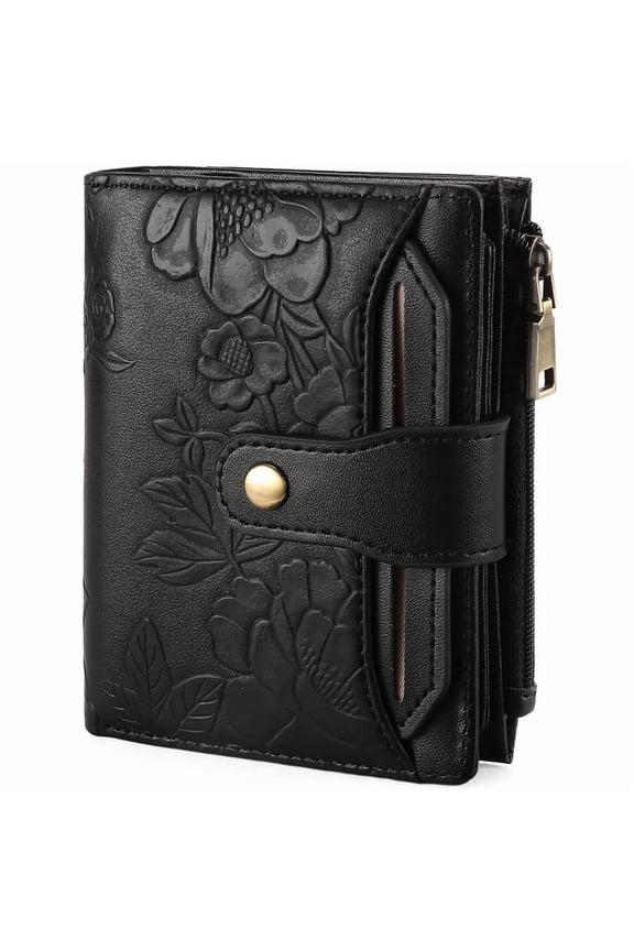 Women’s Bifold Wallet Rfid Blocking Vegan Leather with 4 ID Windows and Zipper Pocket