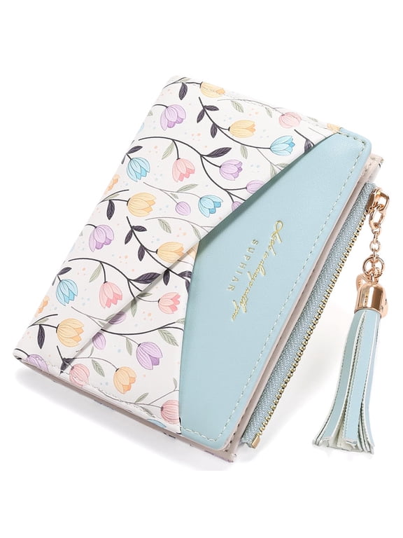 Small Womens Wallet RFID Blocking Bifold Card Holder Tassel Vegan Leather Wallets Cute Pattern with Zipper Pocket