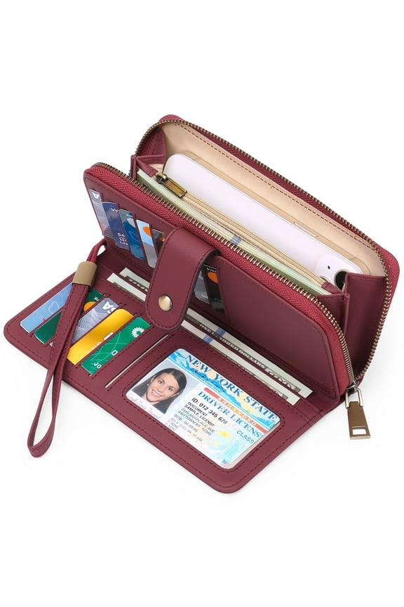 Wallet for Women Clutch RFID Blocking Leather Wristlet Purse Large Capacity Credit Card Holder with Grip Hand Strap