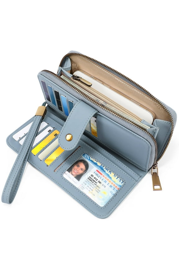 Wallet for Women Clutch RFID Blocking Leather Wristlet Purse Large Capacity Credit Card Holder with Grip Hand Strap