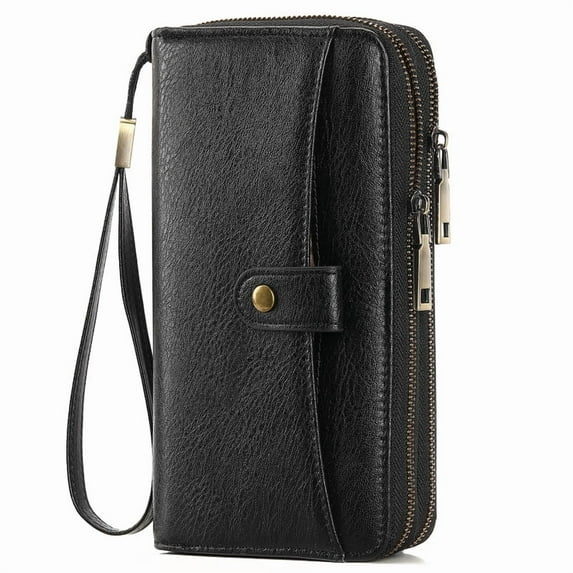 GAEKEAO Womens Wallet Large Capacity Double Zipper Ladies Card Phone Holder RFID Blocking Leather Clutch Wristlet Grip Strap