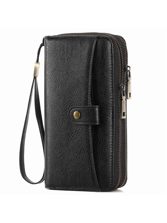 Womens Wallet Large Capacity Double Zipper Ladies Card Phone Holder RFID Blocking Leather Clutch Wristlet Grip Strap