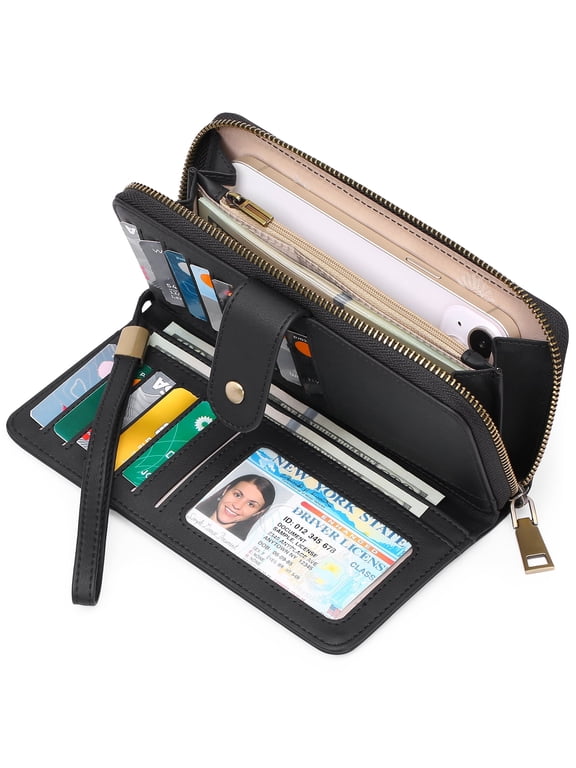 Wallet for Women Clutch RFID Blocking Leather Wristlet Purse Large Capacity Credit Card Holder with Grip Hand Strap