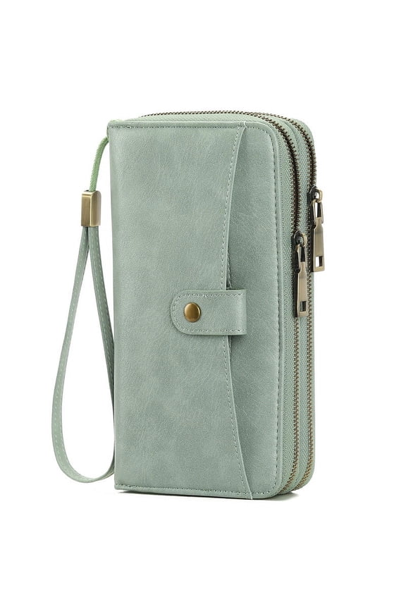 Womens Wallet Large Capacity Double Zipper Ladies Card Phone Holder RFID Blocking Leather Clutch Wristlet Grip Strap