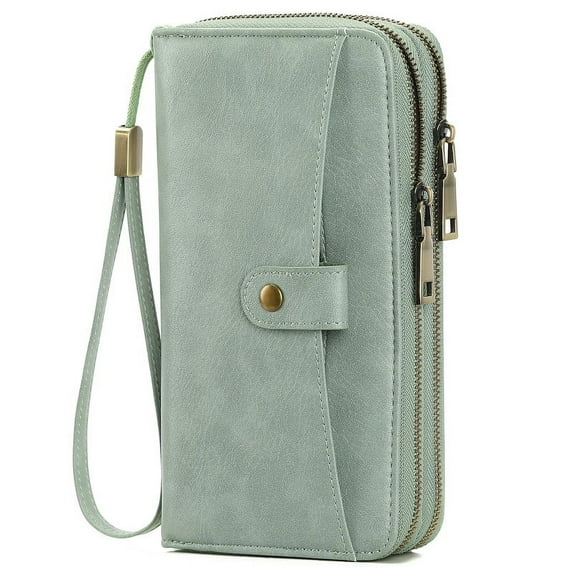 GAEKEAO Womens Wallet Large Capacity Double Zipper Ladies Card Phone Holder RFID Blocking Leather Clutch Wristlet Grip Strap