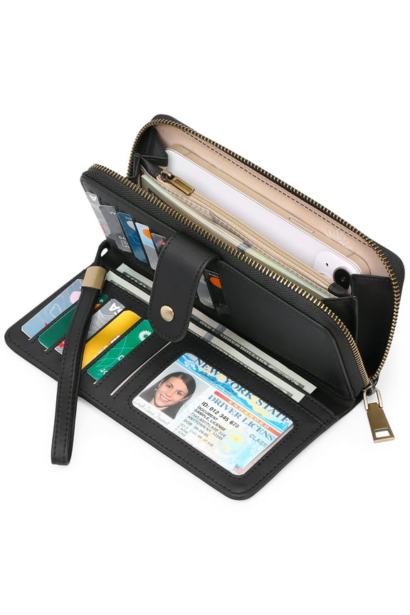 Wallet for Women Clutch RFID Blocking Leather Wristlet Purse Large Capacity Credit Card Holder with Grip Hand Strap