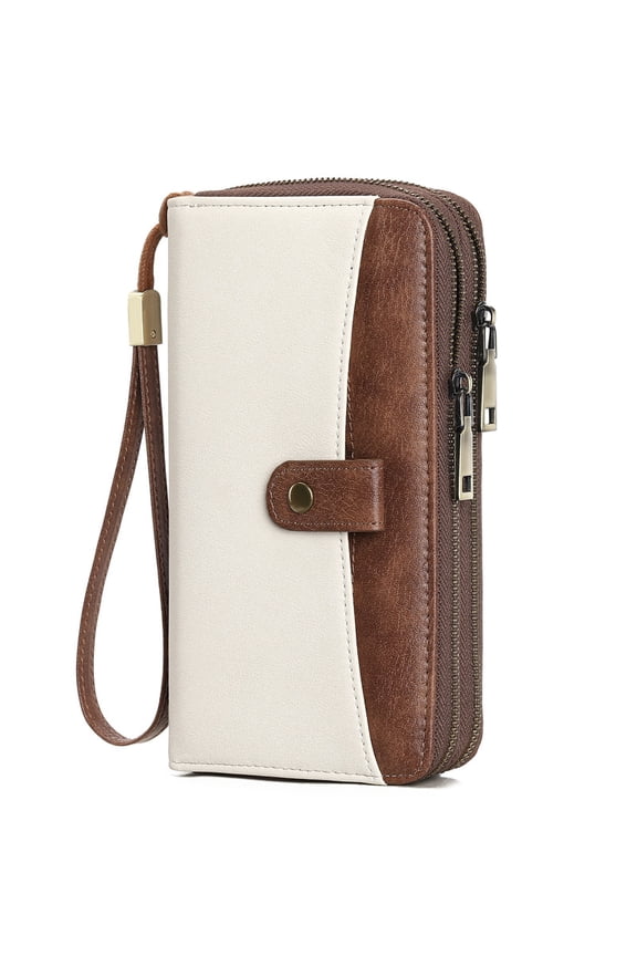Womens Wallet Large Capacity Double Zipper Ladies Card Phone Holder RFID Blocking Leather Clutch Wristlet Grip Strap