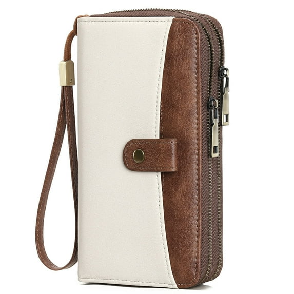 GAEKEAO Womens Wallet Large Capacity Double Zipper Ladies Card Phone Holder RFID Blocking Leather Clutch Wristlet Grip Strap