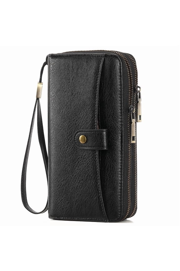 Womens Wallet Large Capacity Double Zipper Ladies Card Phone Holder RFID Blocking Leather Clutch Wristlet Grip Strap