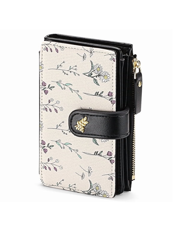 Wallets for Women RFID Blocking Medium Bifold Ladies Wallet Leather Floral Card Holder Purse with Zipper Coin Pocket