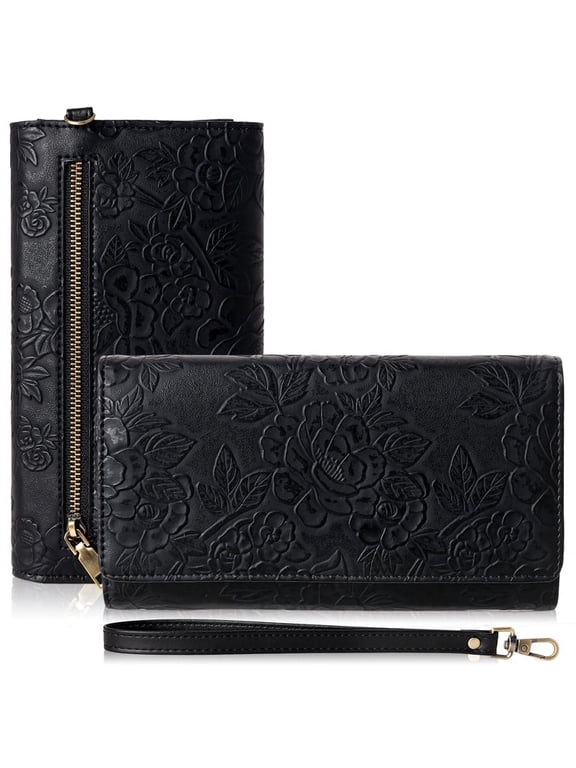 Wallets for Women Vegan Leather RFID Blocking Card Holder Trifold Ladies Long Purse Wristlet Clutch with 3 ID Windows