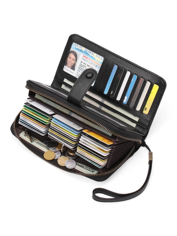 Women’s Bifold Wallet Rfid Blocking Leather Organizer with Wristlet 45 Card Slots