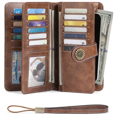 GAEKEAO Women's Wallet RFID Blocking Leather Large Capacity Wristlet Wallet Trifold Card Holder Wallet with Grip Hand Strap