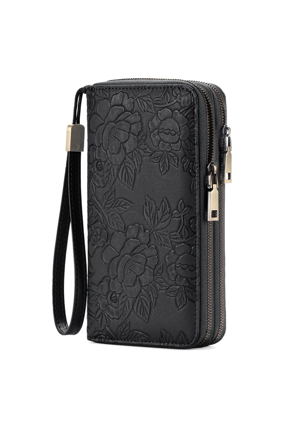 Wallet for Women Floral RFID Blocking Leather Wristlet Purse Large Capacity Credit Card Holder with Grip Hand Strap