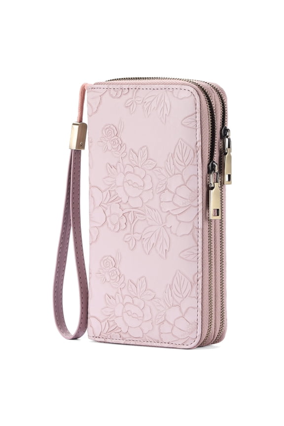 Wallet for Women Floral RFID Blocking Leather Wristlet Purse Large Capacity Credit Card Holder with Grip Hand Strap