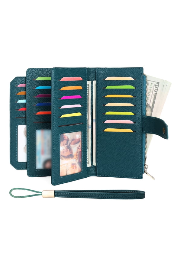 AEKEAO Women’s Wallet Rfid Blocking Vegan Leather Wristlet with 32 Card Slots and 4 ID Windows