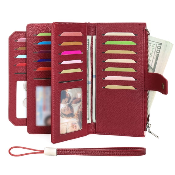 AEKEAO Women’s Wallet Rfid Blocking Vegan Leather Wristlet with 32 Card Slots and 4 ID Windows