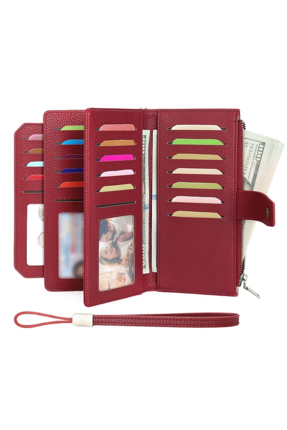 AEKEAO Women’s Wallet Rfid Blocking Vegan Leather Wristlet with 32 Card Slots and 4 ID Windows