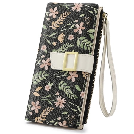 GAEKEAO Womens Wallet RFID Blocking Slim Thin Bifold Card Holder Vegan Leather Floral Long Clutch Wallets with Wristlet