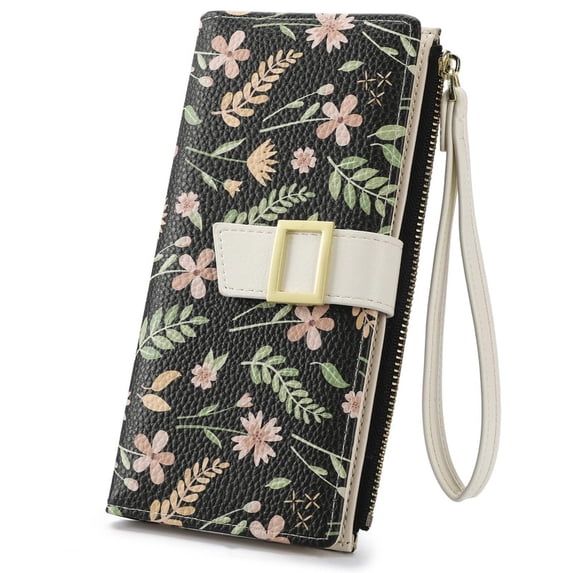 GAEKEAO Womens Wallet RFID Blocking Slim Thin Bifold Card Holder Vegan Leather Floral Long Clutch Wallets with Wristlet