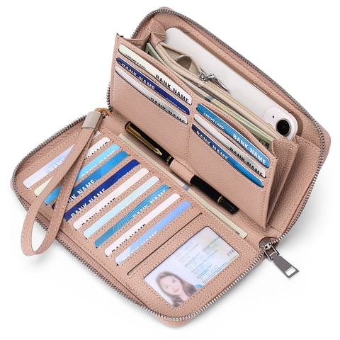 Womens Wallet RFID Blocking Leather Zip Around Wallet Large Capacity Long Purse Credit Card Clutch Wristlet