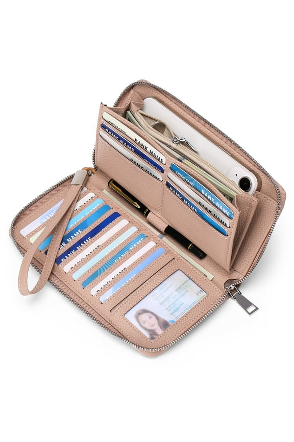 Womens Wallet RFID Blocking Leather Zip Around Wallet Large Capacity Long Purse Credit Card Clutch Wristlet