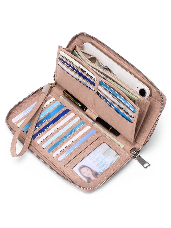 Womens Wallet RFID Blocking Leather Zip Around Wallet Large Capacity Long Purse Credit Card Clutch Wristlet