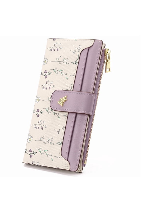 Womens Wallet Slim Thin RFID Blocking Floral Vegan Leather Card Holder Bifold Long Ladies Wallet with Zipper Pocket