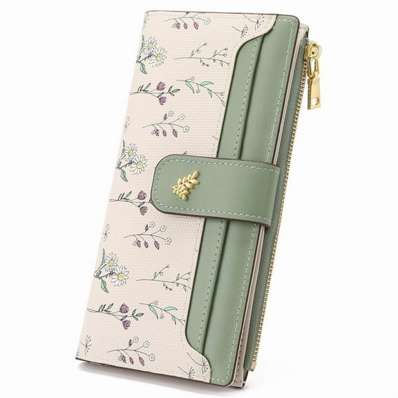 GAEKEAO Womens Wallet Slim Thin RFID Blocking Floral Vegan Leather Card Holder Bifold Long Ladies Wallet with Zipper Pocket