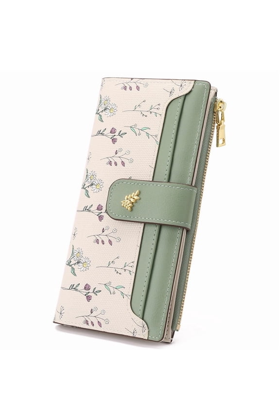 Womens Wallet Slim Thin RFID Blocking Floral Vegan Leather Card Holder Bifold Long Ladies Wallet with Zipper Pocket