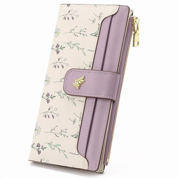 GAEKEAO Womens Wallet Slim Thin RFID Blocking Floral Vegan Leather Card Holder Bifold Long Ladies Wallet with Zipper Pocket