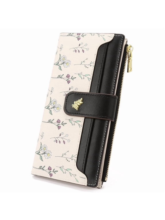 Womens Wallet Slim Thin RFID Blocking Floral Vegan Leather Card Holder Bifold Long Ladies Wallet with Zipper Pocket