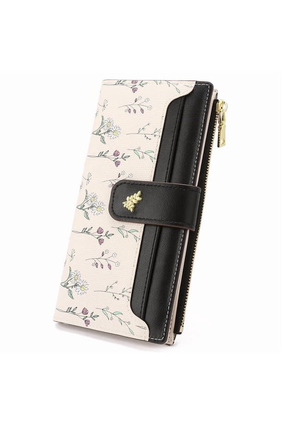 Womens Wallet Slim Thin RFID Blocking Floral Vegan Leather Card Holder Bifold Long Ladies Wallet with Zipper Pocket