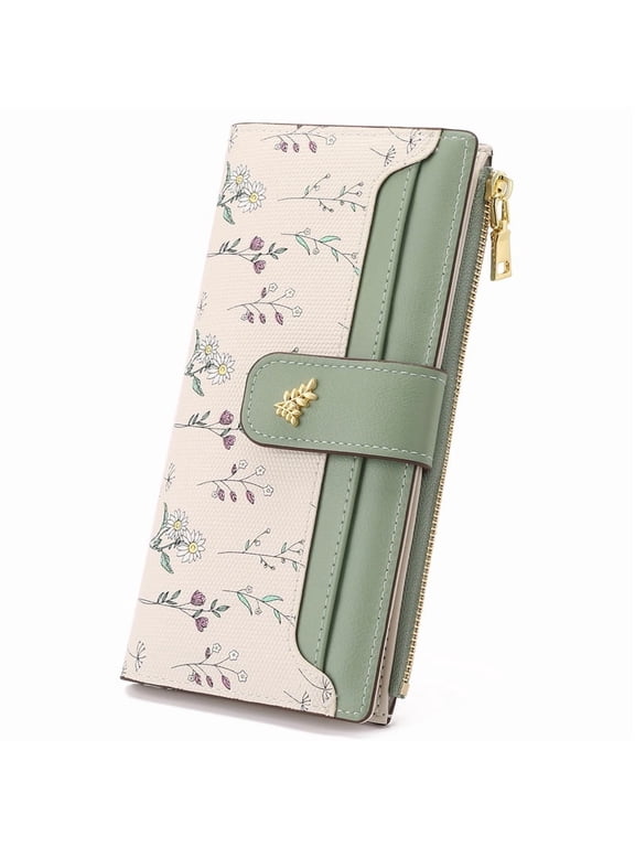 Womens Wallet Slim Thin RFID Blocking Floral Vegan Leather Card Holder Bifold Long Ladies Wallet with Zipper Pocket