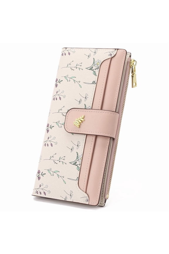 Womens Wallet Slim Thin RFID Blocking Floral Vegan Leather Card Holder Bifold Long Ladies Wallet with Zipper Pocket