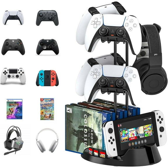 GAEKOL Controller Holder with Organizer Base, 2 Tiers Desk Gaming Controller Headset Stand with Cable Organizer for All Xbox PS4 PS5 Switch Pro Crontroller Gaming Accessories