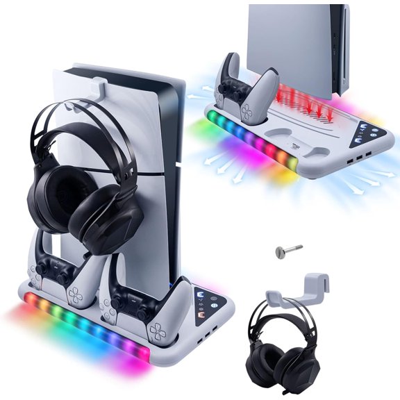 GAEKOL Cooling Stand with Controller Charging Station for PS5/PS5 Slim Console, 3-Level Cooling Fan, RGB Light, Headset Holder - White