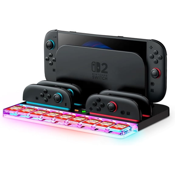 GAEKOL Joy-Con Controllers Charger, for Nintendo Switch 2, [9 Game Card Storage] [Ambient Lighting] All-in-one Organization Accessories for Switch 2, Heat Dissipation Slot for Dock with USB Cable