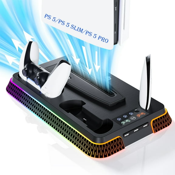 GAEKOL PS5/PS5 Pro/PS5 Slim Stand and Cooling Station, Controller Charging Station for PlayStation 5 Console, PS5 Stand Controller Charger for Disc & Digital with Cooling Fan