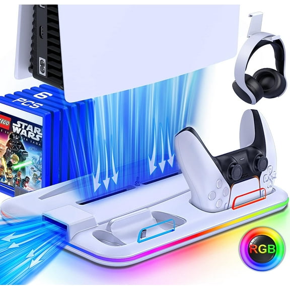 GAEKOL PS5 Slim Stand with Cooling Station and Controller Charging Station for PS5 Slim Console Disc/Digital, for PS5 Accessories-Cooling Fan, RGB Light, Headset Holder, 15 Game Slot for Playsation 5