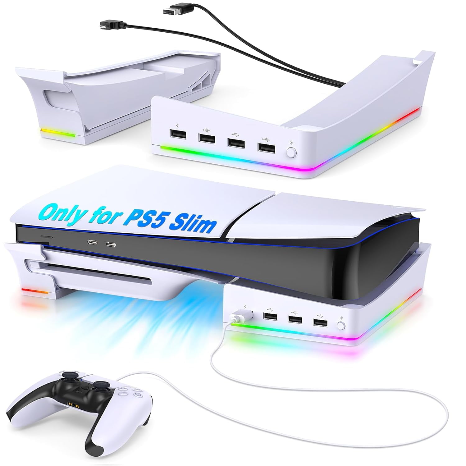 GAEKOL RGB Horizontal Stand for PS5 Slim Console Accessories with 14 Light Mode and 4 USB Hubs, Side Stand for Playstation 5 Slim Disc & Digital, Base Holder with Fast Controller Charging, White
